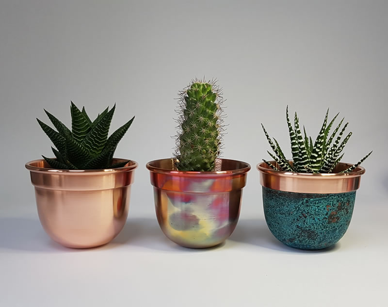 Set Of Three Handmade Solid Copper Round Bottom Plant Pots 